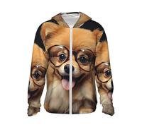 Upf 50+ Sun Protection Hoodie Jacket Full Zip Long Sleeve Sun Shirt Pomeranian Dog Wearing Glasses Fishing Shirt, Black, XXXL