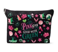 UpfurMach Whimsical ‘Witch’-Inspired Black Cosmetic Bag with Playful Pink and Green Design Women's cosmetic bag with zipper-Perfect for Fans of the Musical and Theatrical Fashion