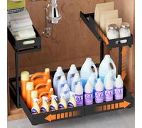 Upgrade 1 Pack Expandable Under Sink Organizer, 2 Tier Pull Out Cabinet Organizer with Smooth Ball Bearing Slides, Adjustable Width Height Slide Out Under Sink Drawers for Kitchen Bathroom, Black