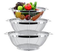 Upgrade 3 Pack Stainless Steel Colander Sieves(5-Quart, 4-Quart and 3-Quart), Mesh Strainer Net Baskets with Handles & Resting Base for Strain, Drain, Rinse or Steam