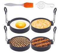 Upgrade 4" Large Egg Rings for Griddle,4 Packs Non-stick Stainless Steel Egg Cooking Ring for Frying Egg,4 Inch Round Egg Cooker Egg Circle Pancake Ring Silicone Grill with Oil Brush Egg Separator