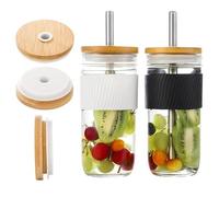 Upgrade 4Pcs Wide Mouth Bamboo Mason Jar Lids with Straw Hole and Silicone Caps - Reusable, Leak-Proof Covers for Glass Canning, Drinking, and Storage Jars