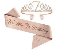 Upgrade Birthday Crown and Sash for Women Birthdays from 1 year old to 100 years old- Rose Gold Rhinestone Tiara Set and Sash for Decorations (7 years old)