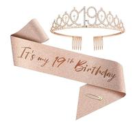 Upgrade Birthday Crown and Sash for Women Birthdays from 1 year old to 100 years old- Rose Gold Rhinestone Tiara Set and Sash for Decorations (19 years old)