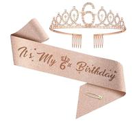 Upgrade Birthday Crown and Sash for Women Birthdays from 1 year old to 100 years old- Rose Gold Rhinestone Tiara Set and Sash for Decorations (6 years old)