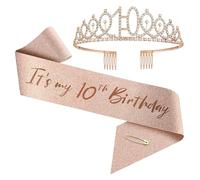 Upgrade Birthday Crown and Sash for Women Birthdays from 1 year old to 100 years old- Rose Gold Rhinestone Tiara Set and Sash for Decorations (10 years old)