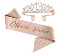 Upgrade Birthday Crown and Sash for Women Birthdays from 1 year old to 100 years old- Rose Gold Rhinestone Tiara Set and Sash for Decorations (13 years old)