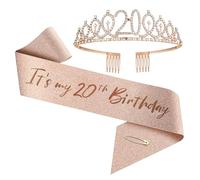 Upgrade Birthday Crown and Sash for Women Birthdays from 1 year old to 100 years old- Rose Gold Rhinestone Tiara Set and Sash for Decorations (20 years old)