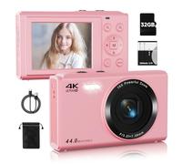 Upgrade Digital Camera, FHD 4K 44MP Autofocus Digital Point and Shoot Video Camera with 16X Zoom, 32GB SD Card, Compact Digital Camera Cheap for Teens Boys Girls Kids Pink Camera
