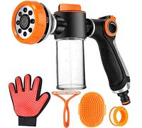 Upgrade Dog Washing Hose Attachment, 8 Spray Patterns PupJet Dog Wash with 3.5oz 100cc Soap Dispenser, Dog Washing Gloves, Dog Bath Brush, Suitable for Watering Plant, Patio, Cleaning, Showering Pet