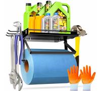 Upgrade Garage Paper Towel Holder with Shelf, Premium Metal Paper Towel Holder Wall Mount with 6 Hooks, One-Hand Tear, Garage Organization&Storage, Heavy Duty Holds 50 lbs, Perfect Quick Clean Station