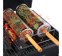 Upgrade Nesting Grill Baskets 2 Pack, 304 Stainless Steel with Removable Wooden Handle, Rolling Grilling Net for Vegetables, Shrimp, Fish, BBQ Accessories for Outdoor Cooking, Camping, Gifts for Men,