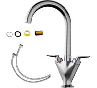 Upgrade Traditional Kitchen Sink Mixer Tap Elegant Ceramic Dual Lever Monobloc Swan Neck Swivel Round Spout Two Handles, Hot&Cold Faucet, 10 Year Warranty