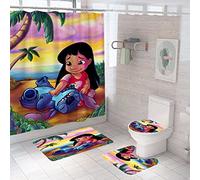 Upgrade Your Bathroom with a 4 Piece Stitch Shower Curtain Set Including Non-Slip Rug, Toilet Lid Cover, Bath Mat, and 12 Hooks - Waterproof and Stylish