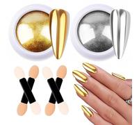 Upgrade Your Manicure with Gold Chrome Nail Powder - 2 Jars of Metallic Mirror Effect for Silver & Gold Nails - Glitter, Pigment & Holo Finish - Includes 4 Eyeshadow Sticks