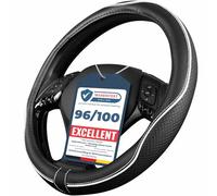 Upgrade4cars White Black Leather Look Steering Wheel Cover 14.5-15 inch | Fits most vehicles | Non-slip rubber coating | odourless & durable | Quick & easy installation | Proven quality