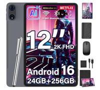 Upgraded 12 Inch Tablet, Android 16 Tablet with Keyboard Bundle, 24GB+256GB+2TB Expand, 2K Gemini AI Tablets PC with Octa-Core, 8000mAh, 16+8MP, 2 in 1 Large Tablets with Case, Mouse, Stylus (Black)