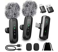 Upgraded 2 Pack Mini Clip on Microphone With LED Display, Wireless Lavalier Microphone for iPhone, HD Noise Cancelling, Portable Lapel Mic for Recording Video Podcast Vlogg Content Creator interview