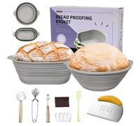 Upgraded 2Pcs Bread Proofing Basket Sourdough Proving Basket Starter Kit 9" Round & 10" Oval Silicone Foldable Bread Basket Bread Making Tools with Dough Whisk/Scraper/Flour sifter/Basting Brush,Grey