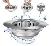 Upgraded 3 in 1 Kitchen Sink Drain Strainer - Stainless Steel Pop Up Sink Stopper Combo, Anti-Clogging Sink Food Catcher Basket, Fast Drainage Odor Filter Sink Plug for UK Standard Drain
