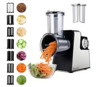 Upgraded 300W Electric Cheese Grater for Block Cheese with 7 Stainless Steel Blades for Slicing, Shredding, Grinding Vegetables, Fruits & Nuts, One-Touch Control