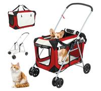 Upgraded 4 Wheels Pet Stroller for Small Medium Dogs, Pet Detachable Carrier, Foldable Travel Buggy with 360 Degree Wheels, Ventilated Mesh, Foldable Pets Wagon for Dog Cart Outdoor Walks Red