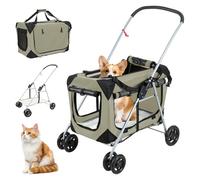 Upgraded 4 Wheels Pet Stroller for Small Medium Dogs, Pet Detachable Carrier, Foldable Travel Buggy with 360 Degree Wheels, Ventilated Mesh, Foldable Pets Wagon for Dog Cart Outdoor Walks Khaki