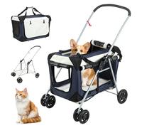 Upgraded 4 Wheels Pet Stroller for Small Medium Dogs, Pet Detachable Carrier, Foldable Travel Buggy with 360 Degree Wheels, Ventilated Mesh, Foldable Pets Wagon for Dog Cart Outdoor Walks Navy Blue