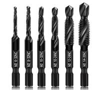 Upgraded 6-Pack Combination Drill & Taps Bit Set SAE - 6542 M2 HSS Steel with Anti-Rust Black Coating, 6-32NC 8-32NC 10-32NC 10-24NC 12-24NC 1/4-20NC Drill Tap Countersink Bits, 1/4” Hex Shank
