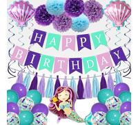 Upgraded, 60pcs Mermaid Birthday Decorations, for Girls Women, with Happy Birthday Banner, Pom Poms Flower, Hanging Swirl, Tassel Garland, Shell Confetti Balloons, accessories, Mermaid Party Supplies