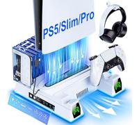 Upgraded All-in-One PS5 Cooling Stand with LED Lights, for PS5/PS5 Slim/PS5 Pro Disc & Digital, Triple Adjustable Fans, Dual Controller Charger Station for DualSense/Edge, Game & Headset Holder