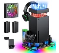 Upgraded Auto Cooling Fan System and Charging Stand for Xbox Series X Console & Controllers, Accessories with 11 RGB Lights & 2X1400 mAh Rechargeable Battery Pack & Headset Stand & Game Disc Storage