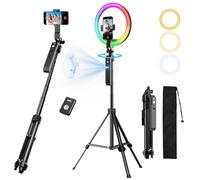 Upgraded Auto Face Tracking Tripod 360° Rotation with Stand, 10" RGB Ring Light Phone Tripod & Selfie Stick with Remote and Gesture Control, No App, Built-in Tracking Camera for Video/Live Streaming