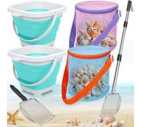 Upgraded Beach Sand Sifter Set - 6Pcs Shark Tooth Sifter & Shell Scooper with Extendable Mesh Scoops, Collapsible Buckets & Mesh Seashell Bags | Beach Scoop Shovel Tool for Shark Teeth Hunting