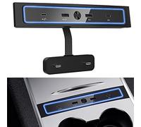 Upgraded Car USB Charger for Model 3/Y 2021-2023, 4-in-1 Multiport USB Hub Docking Station with Blue Led Light for Center Console Adapter, Model 3/Y Accessories with 27W PD Charging