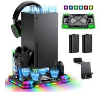 Upgraded Charging-Stand Cooling-Fan for Xbox Series X,Dual Wireless Charger Dock Cooler System for Xbox Controller& Console,Accessories with 11 RGB Light Modes,2x1400mAh Rechargeable Batteries,Storage