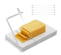 Upgraded Cheese Slicer Set with 5 Replacement Wires & Heavy-Duty 5" x 8" Marble Board - Durable Cheese Cutter for Block Cheeses, Butter, and More - Essential Kitchen Gadget Tool - White