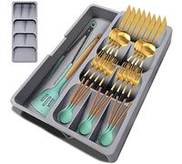 [Upgraded] Cutlery Tray Drawer Organiser, Compact Space-Saving Expandable Flatware Silverware Organiser, 9 compartments, Cutlery Storage for Kitchen Utensils Spoons Forks Knife, holds 30+ pieces, Grey