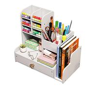 Upgraded Desktop Stationary Organizer with Drawer, DIY White Pencil Holder Desk Tidy Caddy Art Supply Organizer for Home, Office and School
