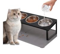 Upgraded Elevated Cat Bowls with Food Mat,15°Tilted Stand Anti Vomiting Raised Cat Dishes for Food and Water,3 Stainless Steel Bowls for Cats and Puppy(Black)