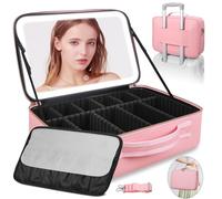 Upgraded Large Travel Makeup Bag with Mirror, 38 X 30cm Professional Makeup Case with 3 Color Modes Dimming Lighted Mirror, Light up Cosmetic Make up Organizer，PU Leather Cover, Adjustable Dividers