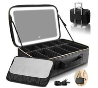 Upgraded Large Travel Makeup Bag with Mirror, 38 X 30cm Professional Makeup Case with 3 Color Modes Dimming Lighted Mirror, Light up Cosmetic Make up Organizer，PU Leather Cover, Adjustable Dividers