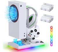 Upgraded RGB Cooling Fan Charging Station for Xbox Series S Console & Controller,Dual Charger Dock and Cooler System Stand with 15 Colorful Light Modes Accessories with 2*1400mAH Rechargeable Battery