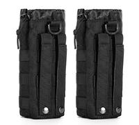 Upgraded Sports Water Bottles Pouch Bag, Tactical Drawstring Molle Holder Pouches, Travel Mesh Tactical Hydration Carrier (Black-2 Pack)