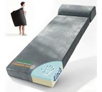 Upgraded Thick 4" Memory Foam Camping Mattress Pad with Built-in Pillow, Dual Layer Roll Up Floor Sleeping Mat, Camping Cot Mattress Pad Travel Camping Couch Bed for Guest Adults Side Sleepers
