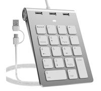 Upgraded Version Numpad Wired, Number Pad with 3 USB Ports,18 Keys, Ergonomic Mini Numeric Keypad,Portable & Function Keys for Laptop, Tablet, Notebook, PC, Desktop and More, Aluminum, Silver