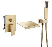 Upgraded Wall Mount Tub Filler Faucet with Hand Shower Sprayer, DASAN Modern Wall Mounted Bathtub Faucet Brushed Gold High Flow Waterfall Tub Faucet with Rough in Valve, SA-TF04WH-BG