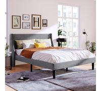 Upholstered 4ft6 Double Size Bed Platform Bed Frame with Wood Slat Support Grey