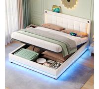 Upholstered Bed with Charging Station, Adjustable Tufted Headboard, LED Lighting Strip, Hydraulic Storage Bed for Bedroom, Beige Aosom UK