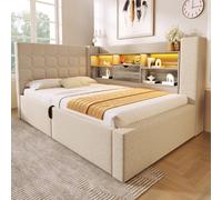 Upholstered Daybed with Hydraulic Under-Bed Storage, Beige Linen Sofa Bed with App-Controlled LED Lighting, 203L x 108W x 86H cm, Beige Aosom UK